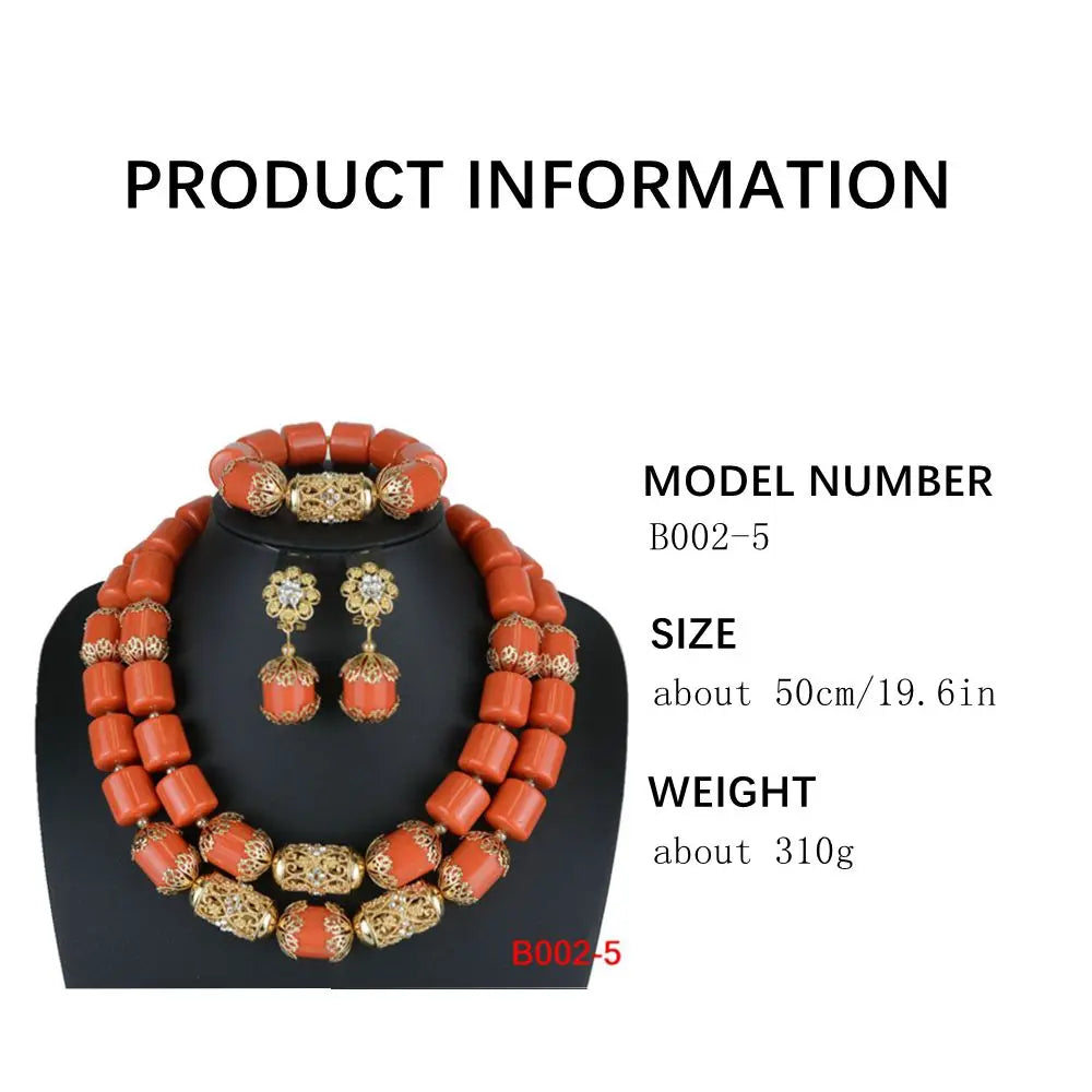 High Quality 2 Layers Artificial Coral Bead African Wedding Jewelry Set Women Necklace Nigeria Bride Party Gift