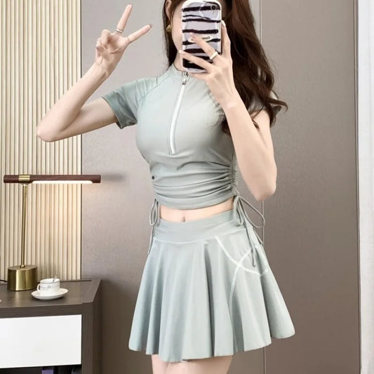 Women Split Sports Swimsuit 2026 New Short Skirt Two Piece Set T-Shirt Cover Up Sun Protection Swimming Outfit for Teen Students