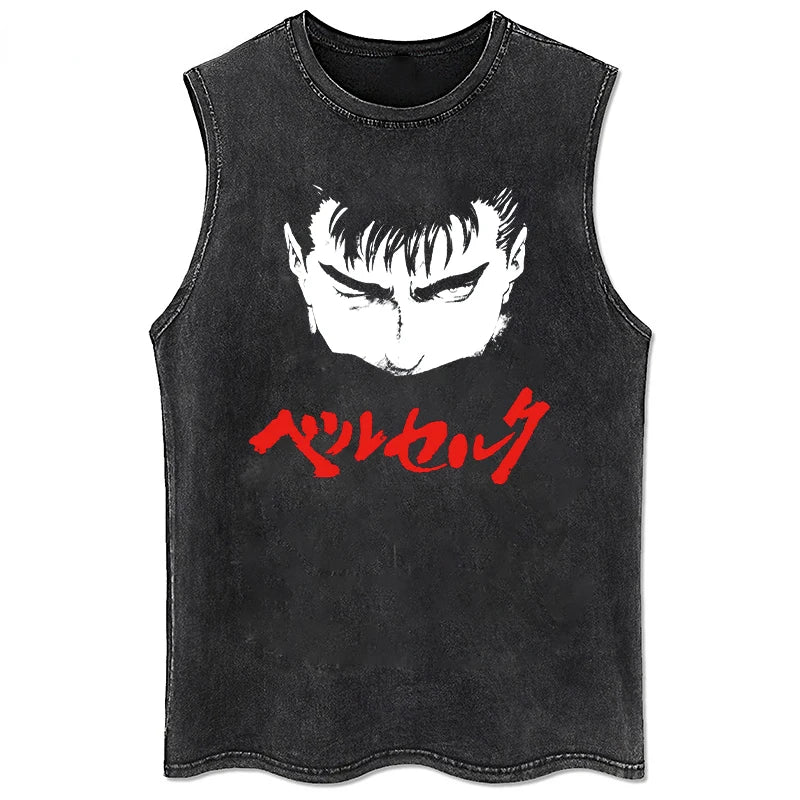 Berserk Logo Graphic Tank Top Manga Print Vest Men Women Sleeveless Shirt Vintage Washed Oversized 100% Cotton Gym Clothing