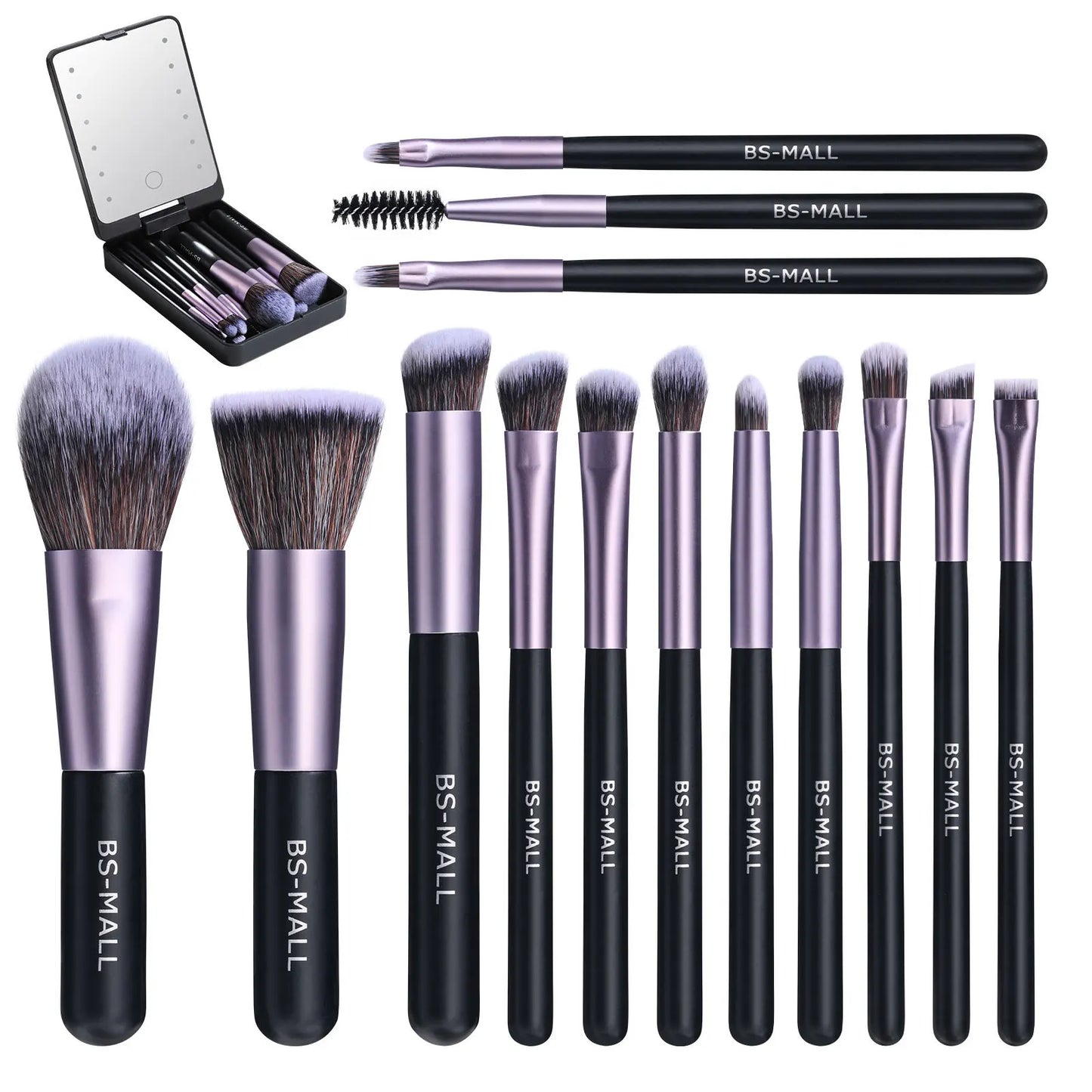 14 PCS Makeup Brush Set With Illuminated Mirror Portable Short Handle LED Light USB Rechargeable Makeup Brushes Kit