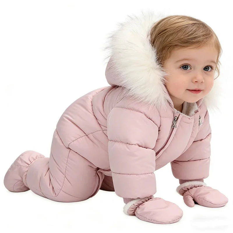 Winter Newborn Baby Girl Clothes Thicken Baby Romper With Gloves Warm Baby Jumpsuit Hooded Plus Velvet Children's Clothing 0-18M