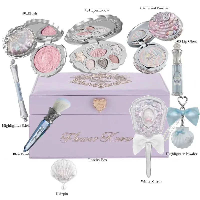 Flowerknows Shell Jewelry Gift Set Makeup Kit Full Professional Glitter Eyeshadow Palette Blush Baked Powder 10pcs Kits