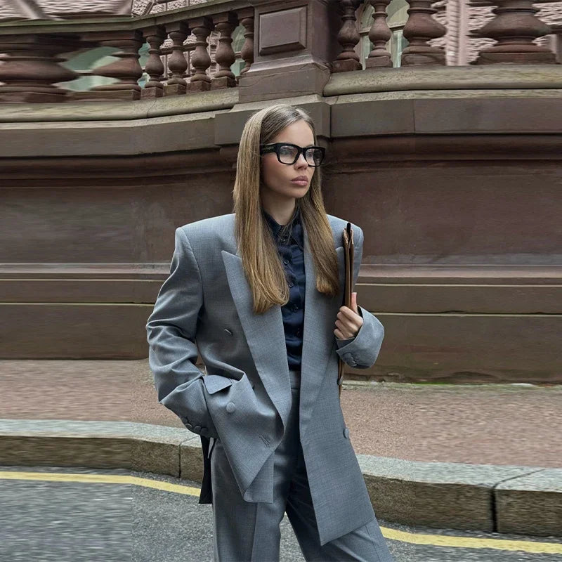 Elegant Blazer Coat Pants Set Women 2026 Lapel Double Breasted Jacket Straight Trousers Female Sets Spring Chic Lady Suit