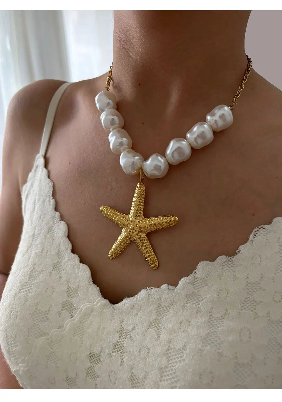 GHIDBK Exaggerated Punk Big Starfish Irregular Round Pendant Necklaces for Women Imitation Baroque Pearl Collarbone Chain Summer