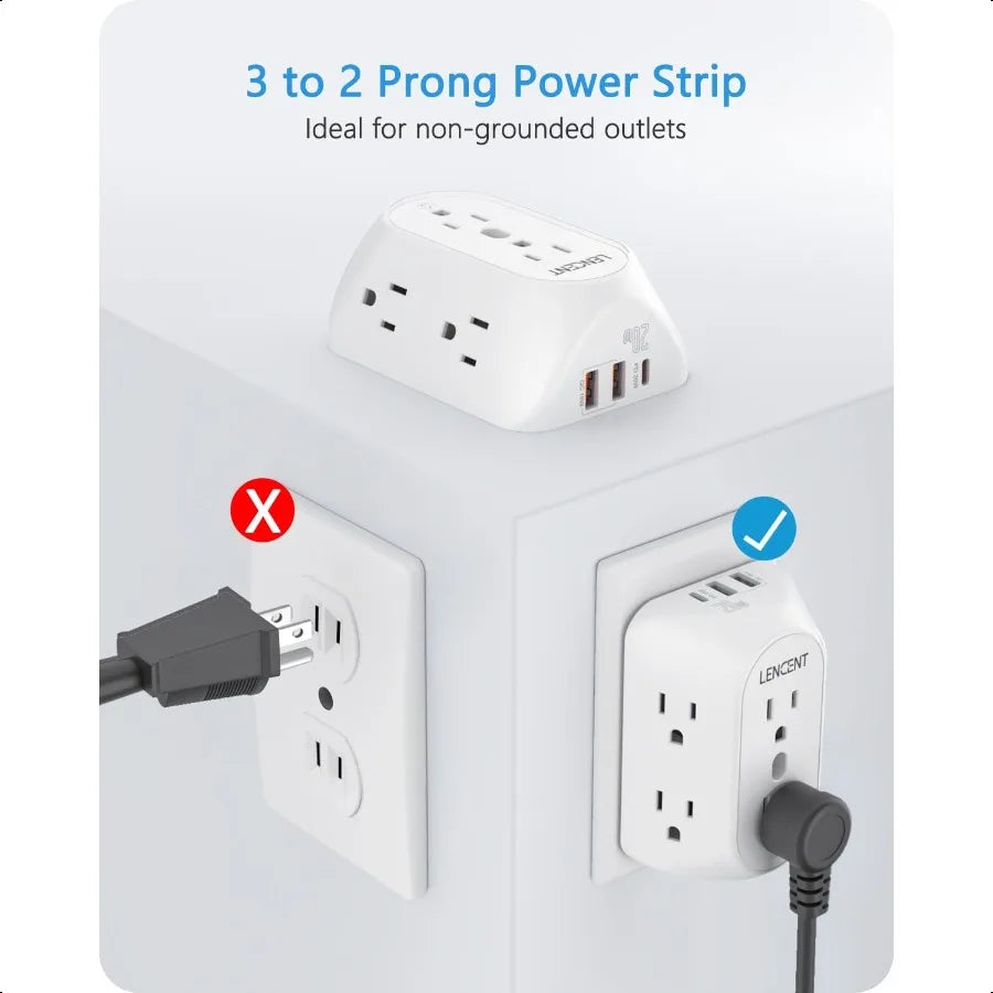 2 Prong Power Strip 3 to 2 Prong Grounding Adapter 6 Outlet PD20W 2 USB A Port 1728J Surge Protector 3Sided Wide Spaced Extende