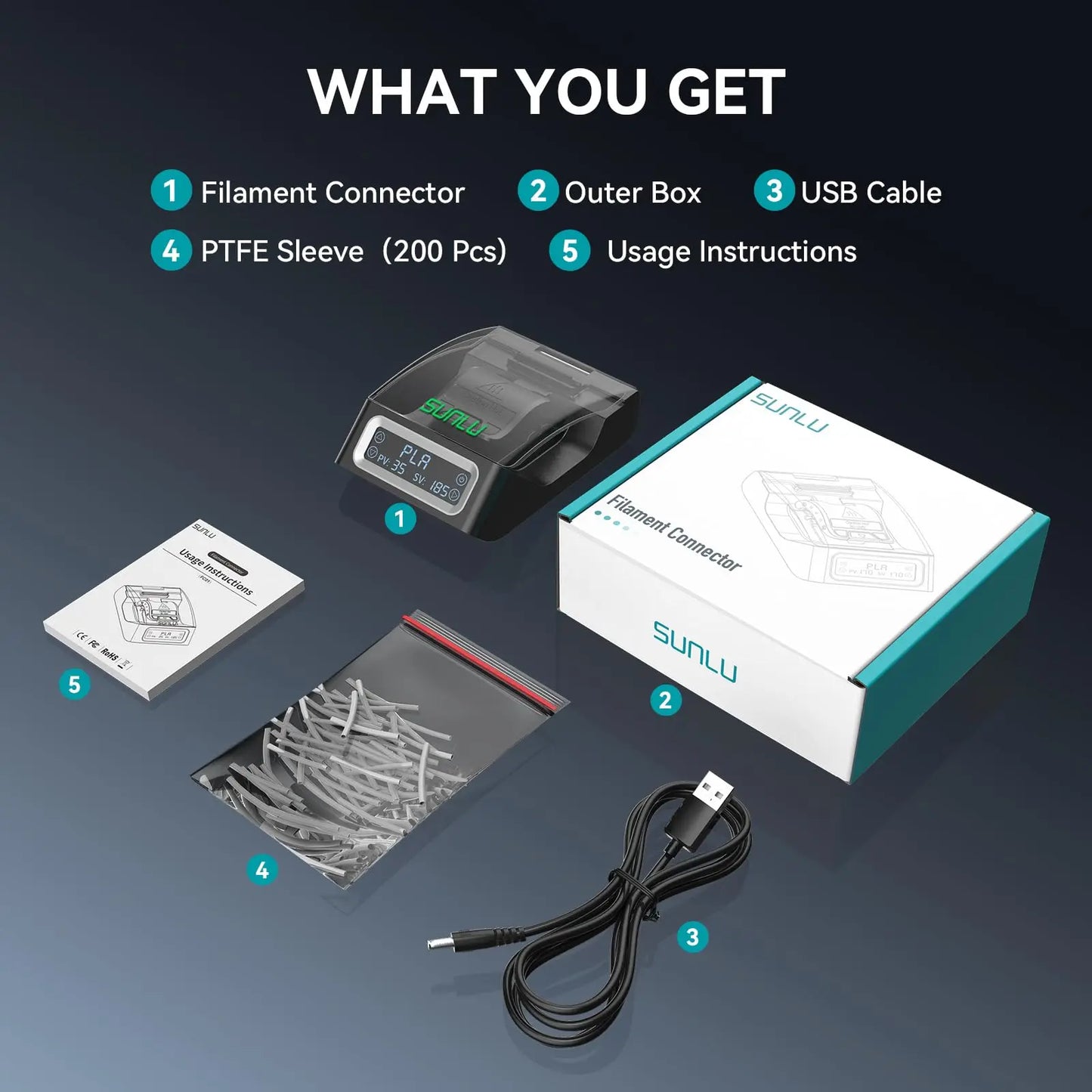 SUNLU Filament Connector For filament Fast Welding For bambu lab For PETG/PLA/ABS/TPU/Nylon 200Pcs PTFE Sleeve filament Splice