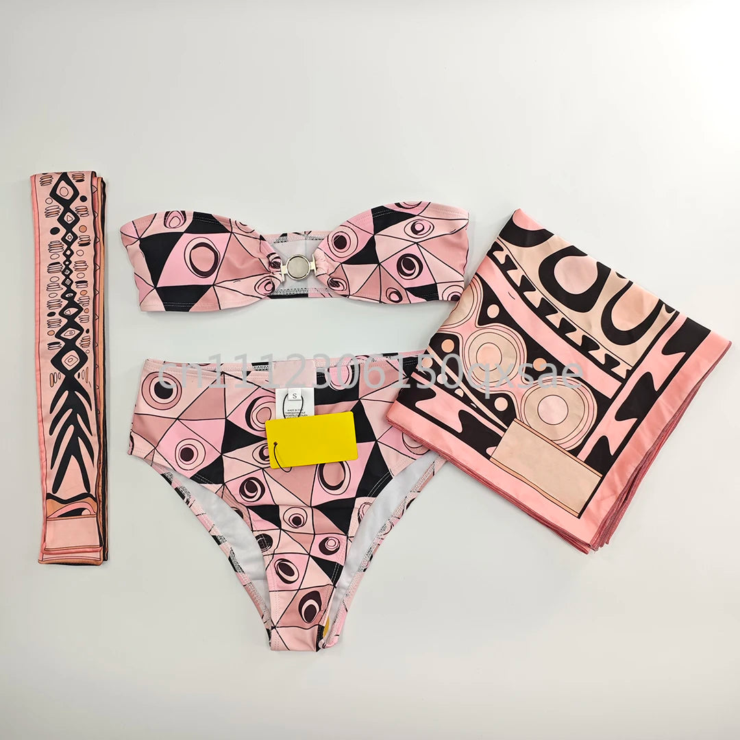 Women's Pink Headband Scarf Swimsuits with Letter Signature Logo Lady Headband Scarf Bikini Sets Beachwear Swimwear