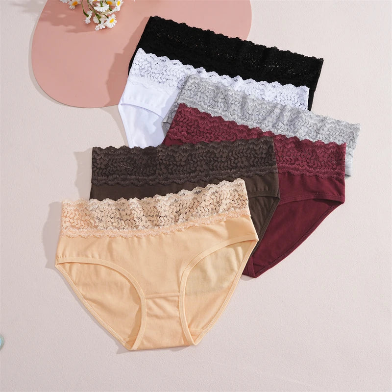 FINETOO 2Pcs Women Cotton Seamless Underwear Sexy Lace Waist Patchwork Panties Female Solid Briefs Plus size Breathable Lingerie