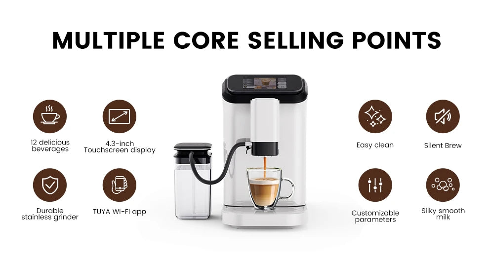 Mcilpoog WS-D5 Automatic Coffee Machine - Smart Wi-Fi , 12 Coffee Varieties, Touchscreen & Built-In Frother/1.5L Tank for Home