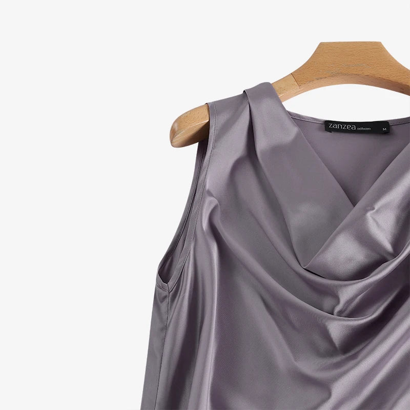 ZANZEA 2025 Elegant Korean Tanks Women Satin Silk Solid Color Sleeveless Tank Tops Fashion Sexy Office Lady Cowl Neck Camisole