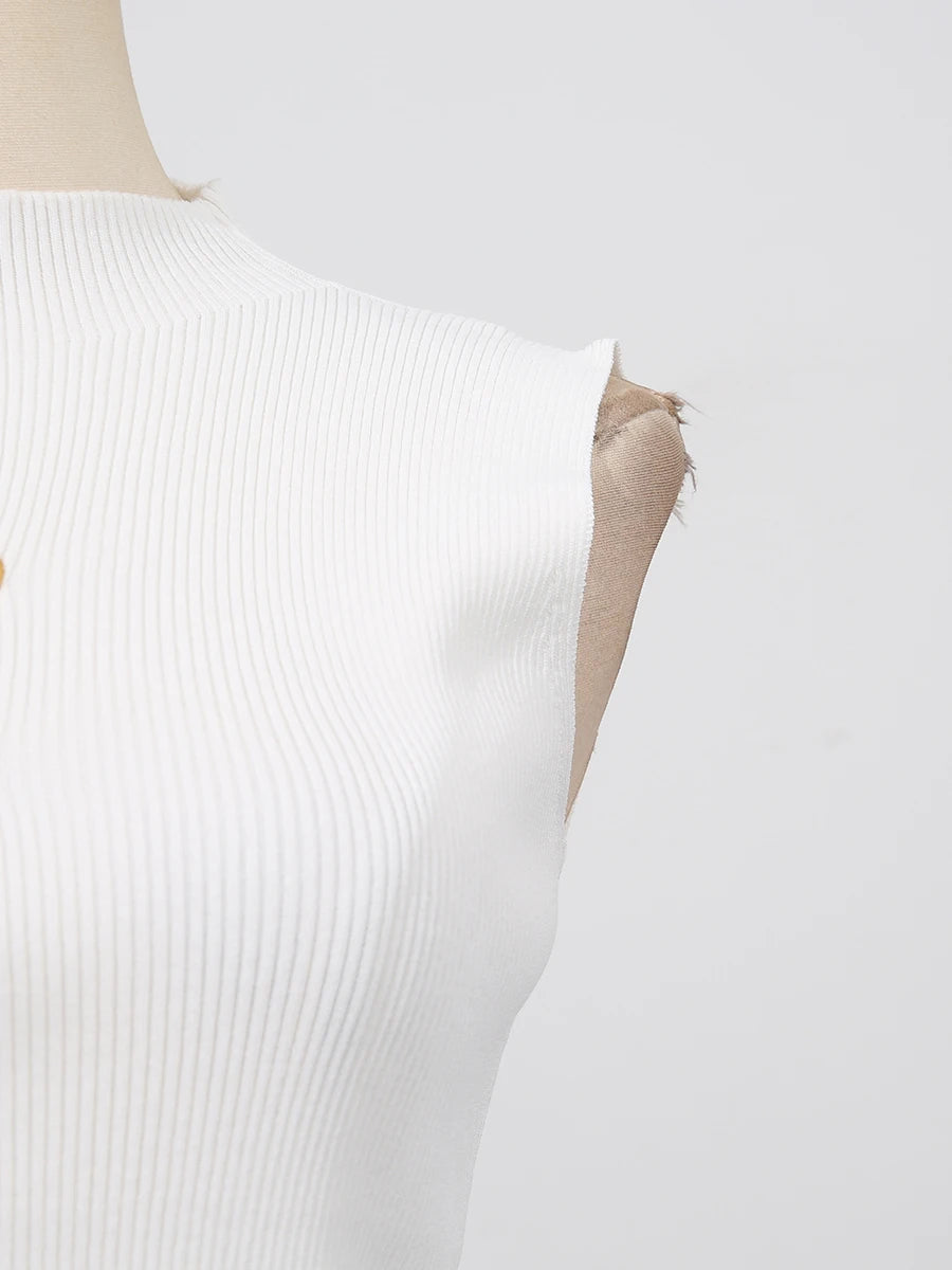 VGH American Casual Spliced Hollow Out Vest for Women Stand Collar Sleeveless Slimming Minimalist Tank Top Female Clothing New