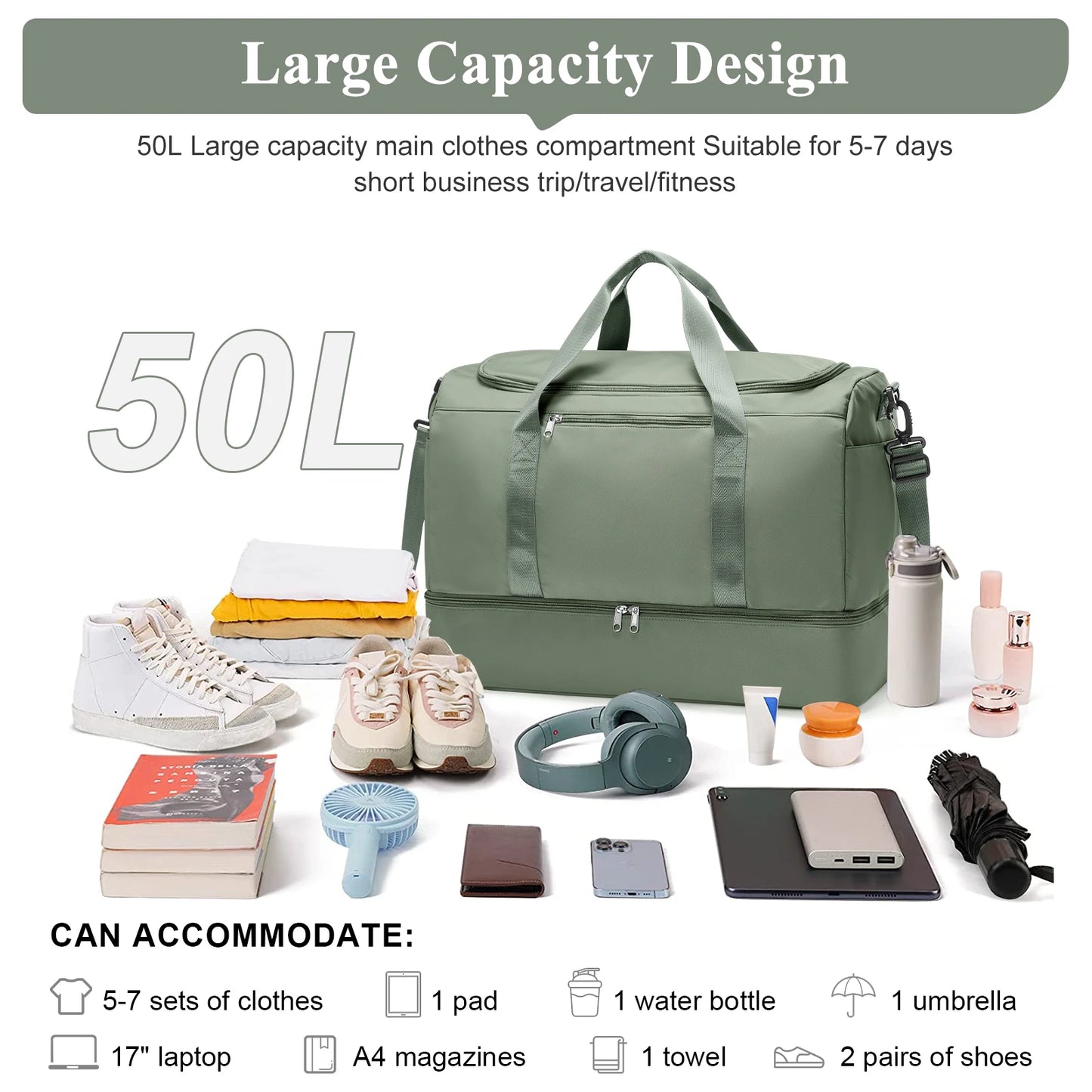 Large Capacity Travel Tote Bag Hand Luggage Travel Bag with Multiple Compartments, Crossbody - Lightweight Durable Sport Gym Bag