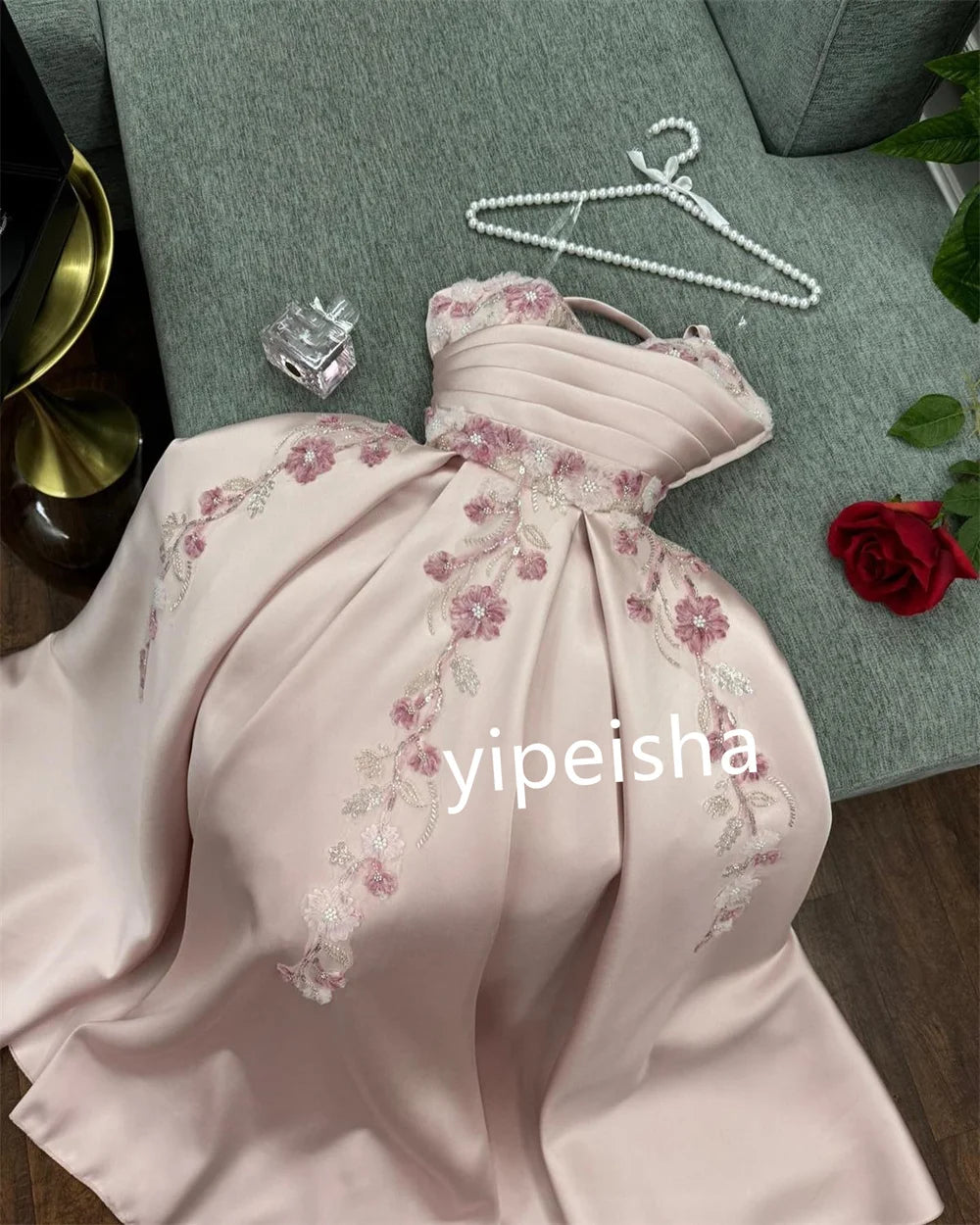 Customized Satin Sequined Applique A-line Strapless Midi Dresses Prom Dresses Modern Style Pastrol Chinese Style Fashion Sexy