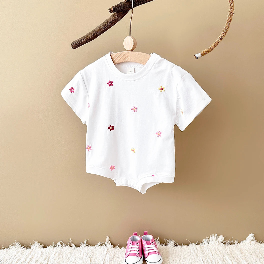 2024 Newborn Summer Baby Romper Floral Print Round Neck Short Sleeved Cotton Girls Child Clothing Jumpsuit 0-18M Infant Bodysuit