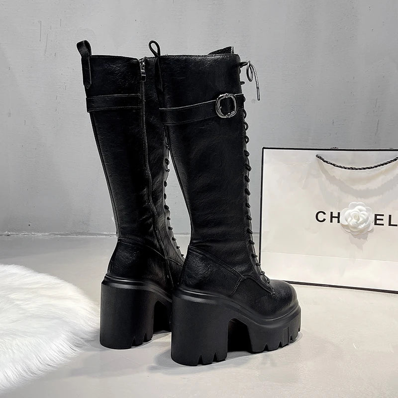 Knee High Women's Boots Lace Up High Heels Shoes Platform Chelsea Boots Winter 2025 Sexy Snow Long Boots Zip Pumps Mujer Botas
