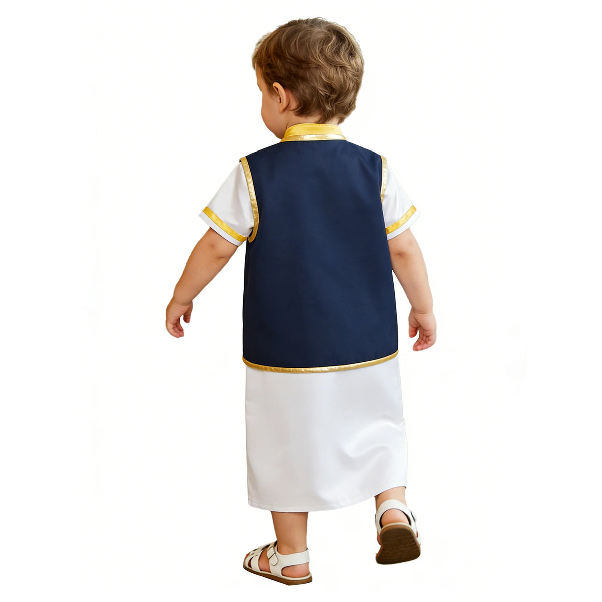 Muslim Baby Boys Robe Ramadan Eid Abaya Set Metallic Trim Arabic Islamic Kaftan Thobe Satin Gown with Open Front Tassel Vest