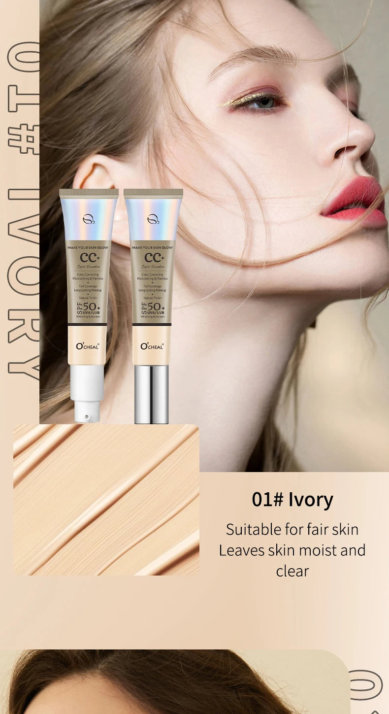 Ocheal 30g CC Cream Foundation Waterproff Concealer Moisturizing Sunscreen Liquid SPF 50+ Long Lasting Brightening Makeup Primer