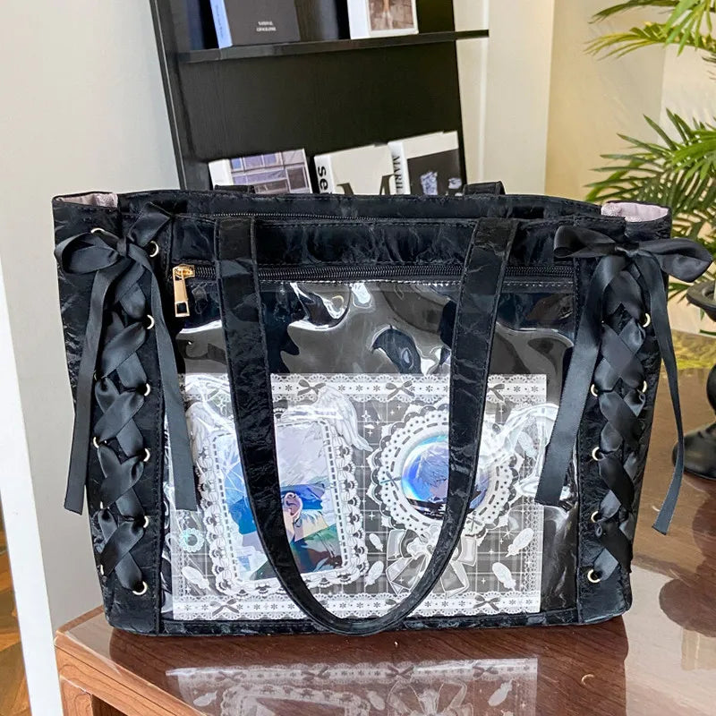 New Y2K Ribbon Bow Japanese Ita Shoulder Bag Cute Girl Transparent Pocket Large Capacity Crossbody Tote Bag DIY Display Handbags