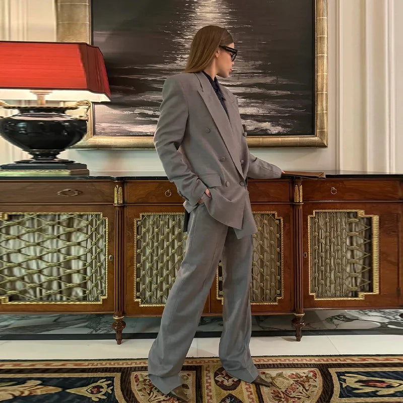 Elegant Blazer Coat Pants Set Women 2026 Lapel Double Breasted Jacket Straight Trousers Female Sets Spring Chic Lady Suit