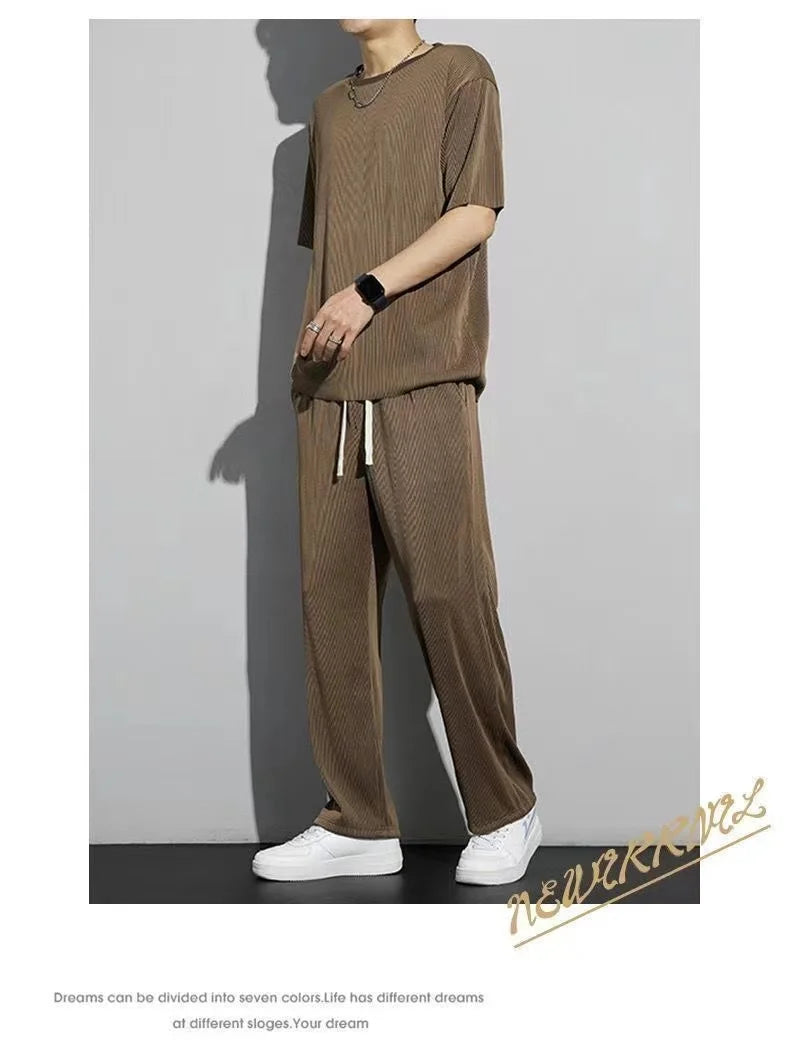 Men's Wrinkled Ice Silk Sports Set 2024 Summer New Short sleeved Long Pants Two piece Set Fashionable, Breathable, and Cool 3