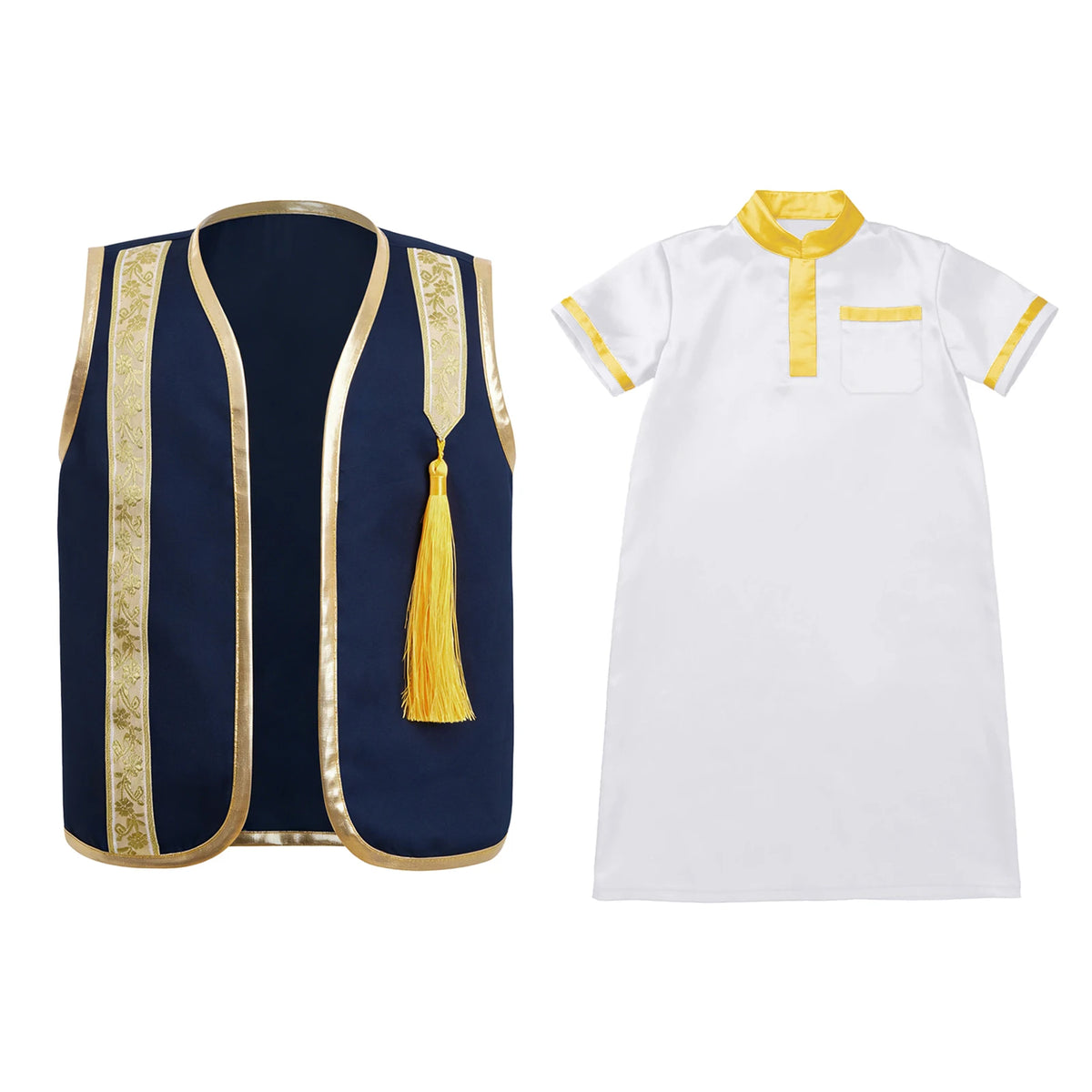 Muslim Baby Boys Robe Ramadan Eid Abaya Set Metallic Trim Arabic Islamic Kaftan Thobe Satin Gown with Open Front Tassel Vest