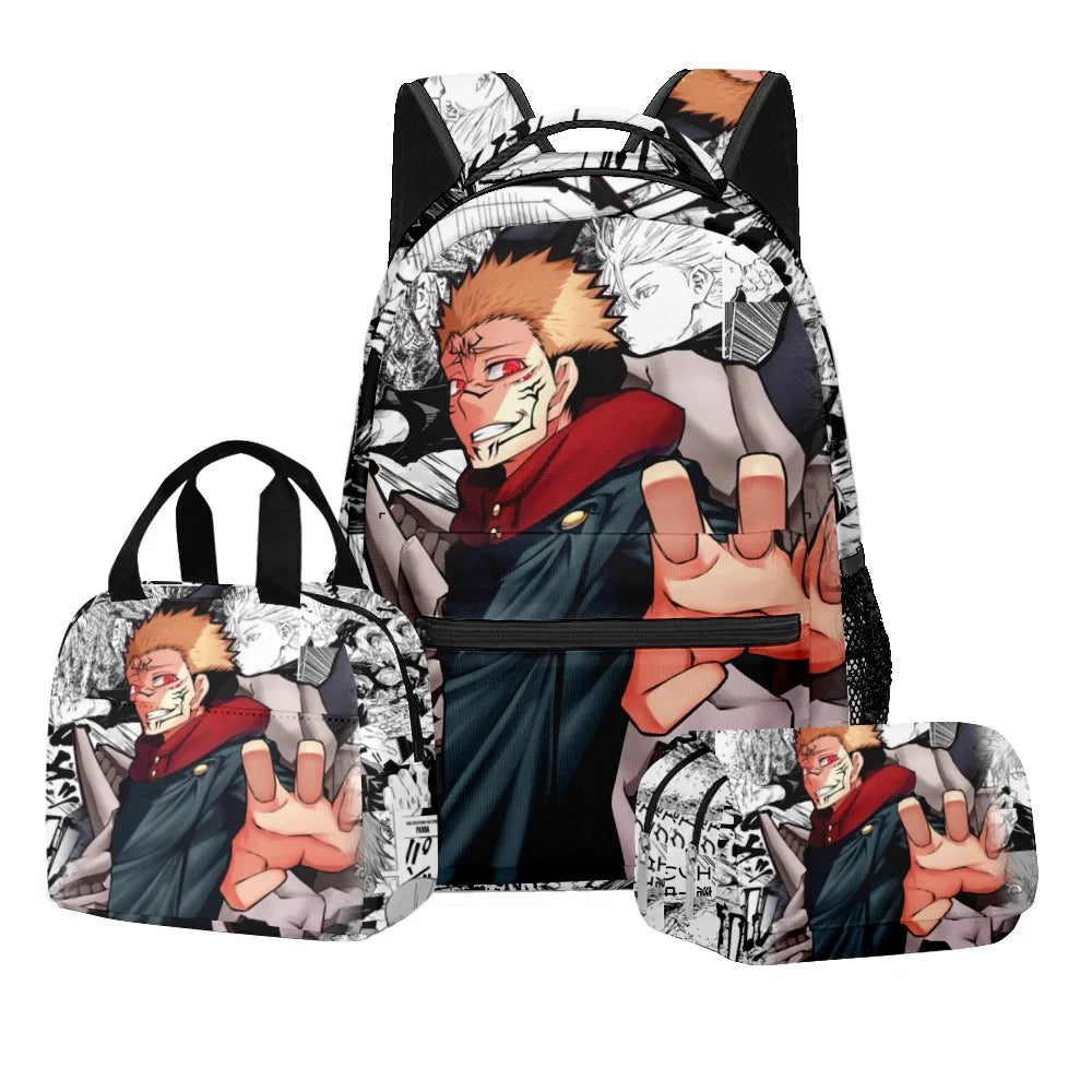 Anime Digital Print Jujutsu Kaisen School Set Large Capacity Backpack Lunch Bag 2-Layer Pencil Case 3-Piece Boy's Gift