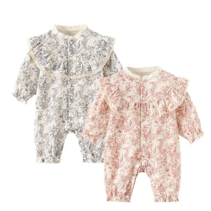Bellbell Infant Baby Girl Rompers Early Autumn Floral Printed Toddler Kid Girl Jumpsuits 6-24M Newborn Girls Bodysuits with Hats