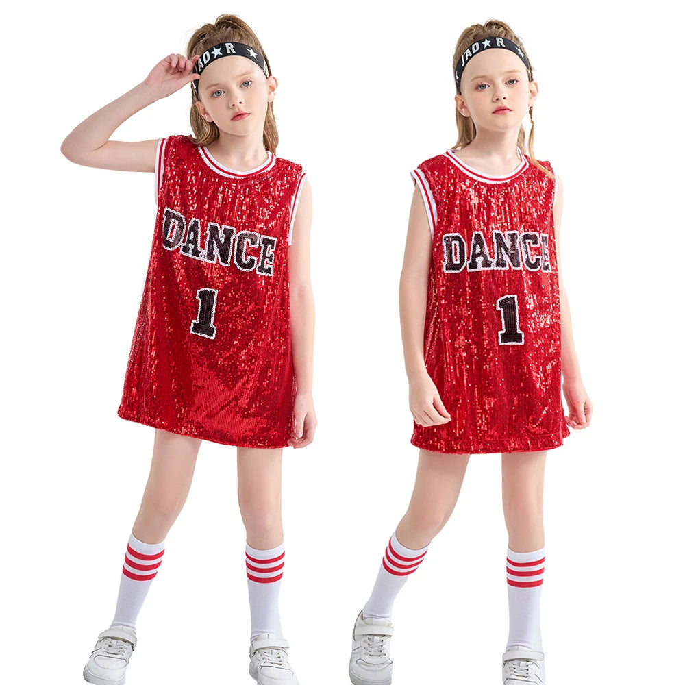 LOlanta Girls Hip Hop Dance Clothes Kids Jersey Sequin Dress Long Tank Top Jazz Cheerleading T-Shirt