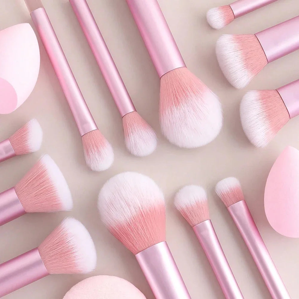 12pcs Professional Makeup Brush Set Incl. Eyeshadow, Powder, Blush Brushes, 2pcs Makeup Sponges, 1pc Powder Puff, Complete Trave