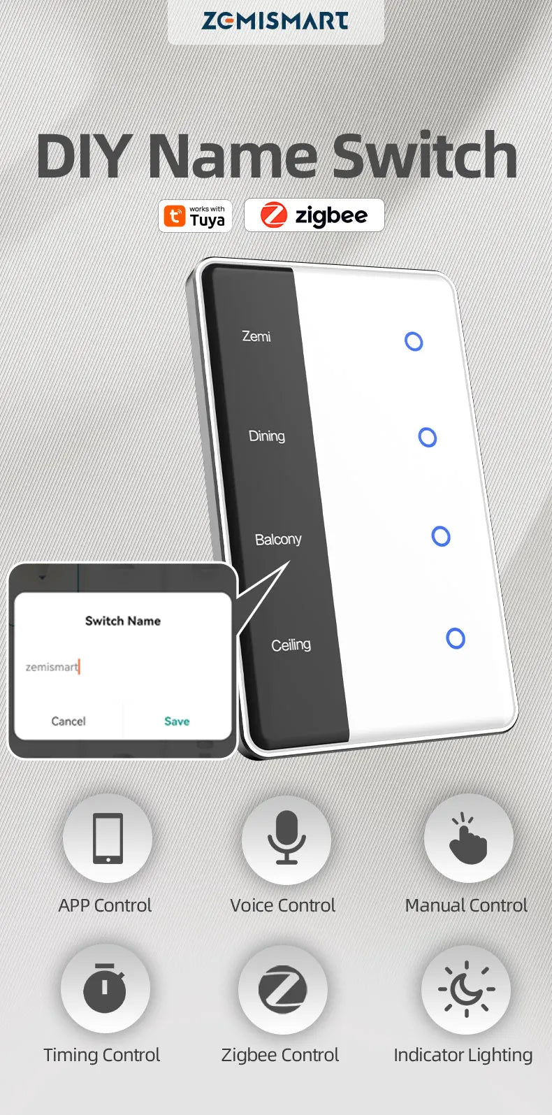Zemismart DIY Name Switch Zigbee Smart Display Screen Touch Light Switch US Type Works with Tuya Alexa Google Home Voice Control