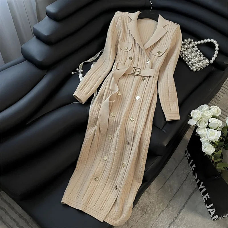 2025 Autumn Winter High-Grade Suit Collar Knitted Dress Women Fashion Double-Breasted Middle Long Over-The-Knee Sweater Vestidos