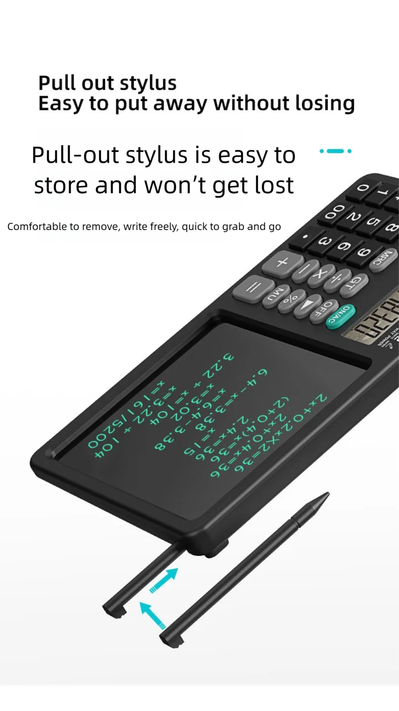 Desktop office calculator; Financial accounting; School office; Teacher student writing draft memo; Handwriting board computer.