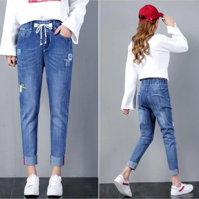 Denim Pants Korean 2024 New Spring And Summer Loose Elastic High Waist Elastic Slim Students Nine Plus Size Harlan Jeans