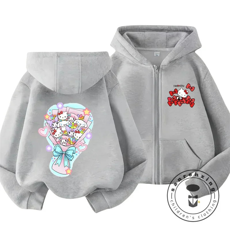 Boys Girls Hello Kitty Hoodies Long Sleeves Cartoon Sweatshirt Baby Children Clothing Autumn Zipper Cardigan Kids Street Wear