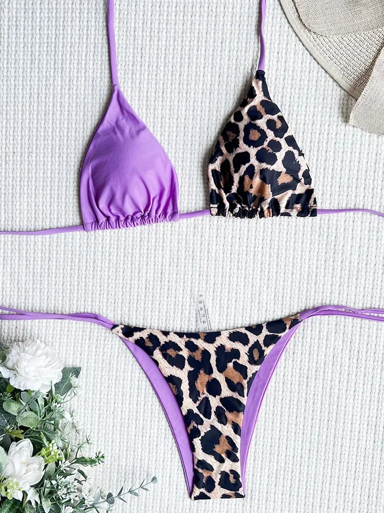 Halter Splicing Leopard Bikinis 2026 Satin Bikini Female Swimsuit Women Swimwear Two-pieces Bikini Set Micro Bathing Suit Swim