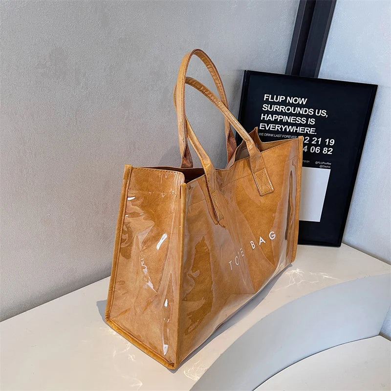Women's Glossy Leather Tote Bag Letter Print Large Capacity Casual Commuter Shoulder Bag Fashion Daily Shopping Handbag 2026