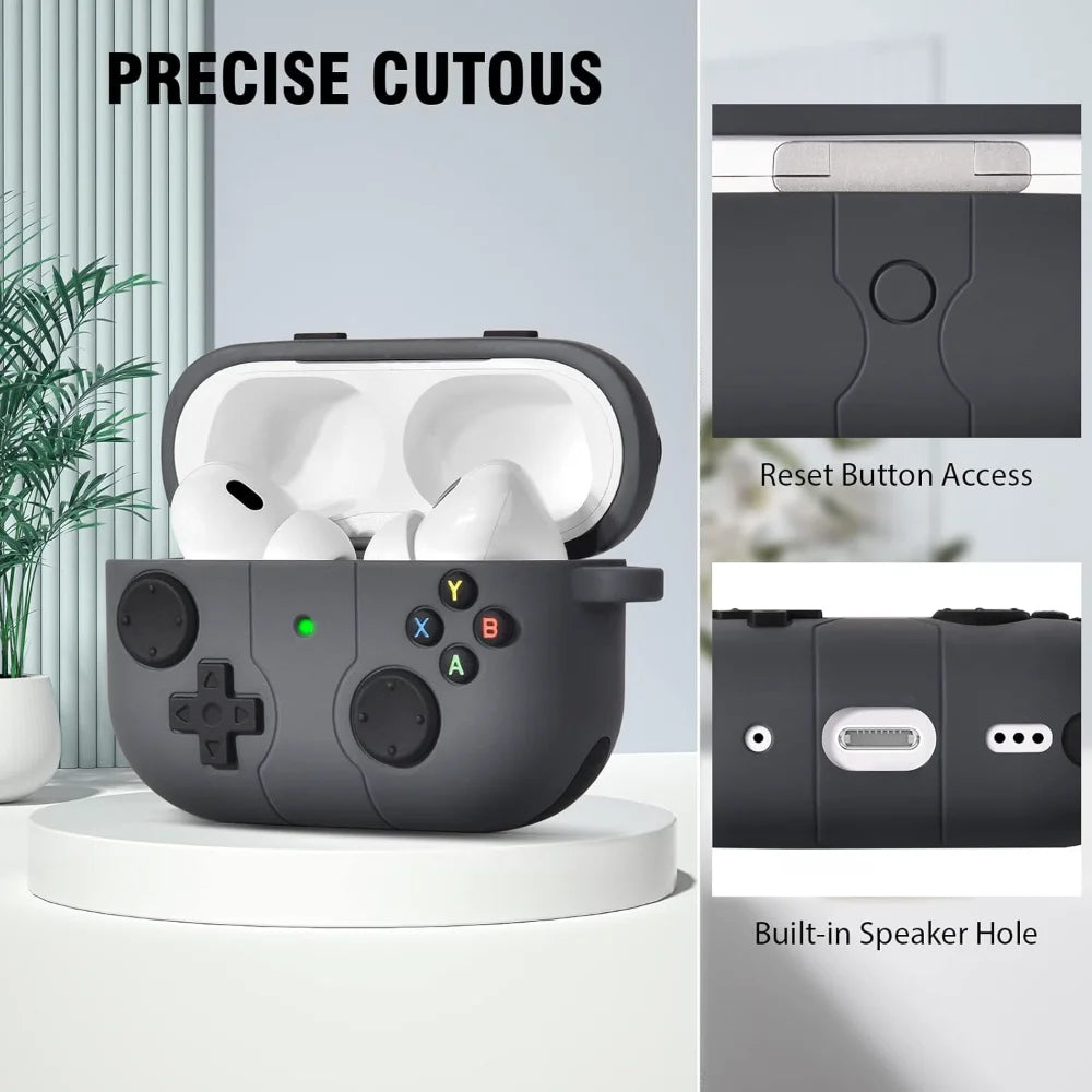 3D Gamepad Silicone Case for AirPods 4 2024/Pro 2, Cute Cartoon Shockproof Cover with Carabiner, Wireless Charging