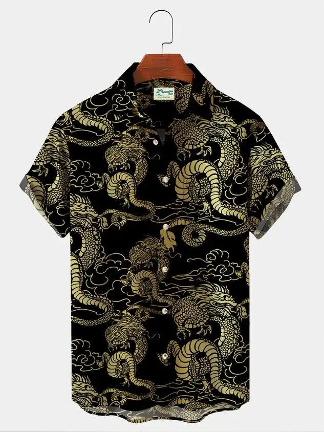 Fashionable summer turtle print shirts Hawaiian button Men's beach short sleeved Casual lapel