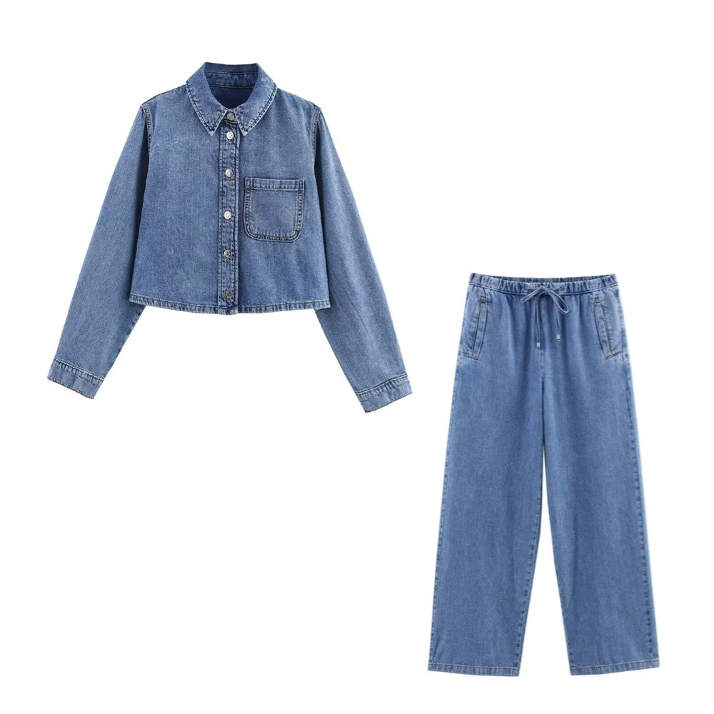 Women's Versatile Denim Long sleeved Short Shirt Top Long pants Set Spring/Summer New Product Casual Women's Wear
