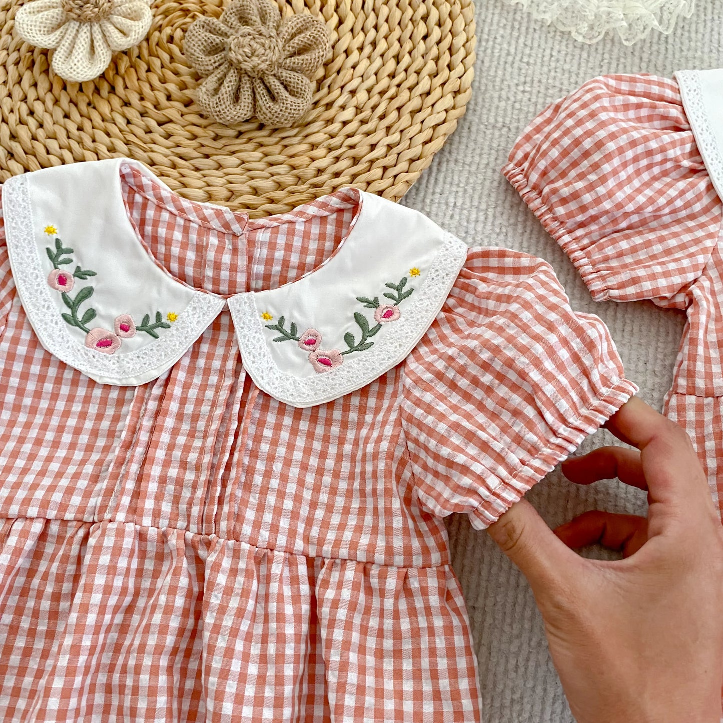 0-3Yrs Toddler Baby Girls Rompers Embroidery Bodysuit Girls Jumpsuits Princess Girls Pink Grid Rompers Toddler Summer Clothing