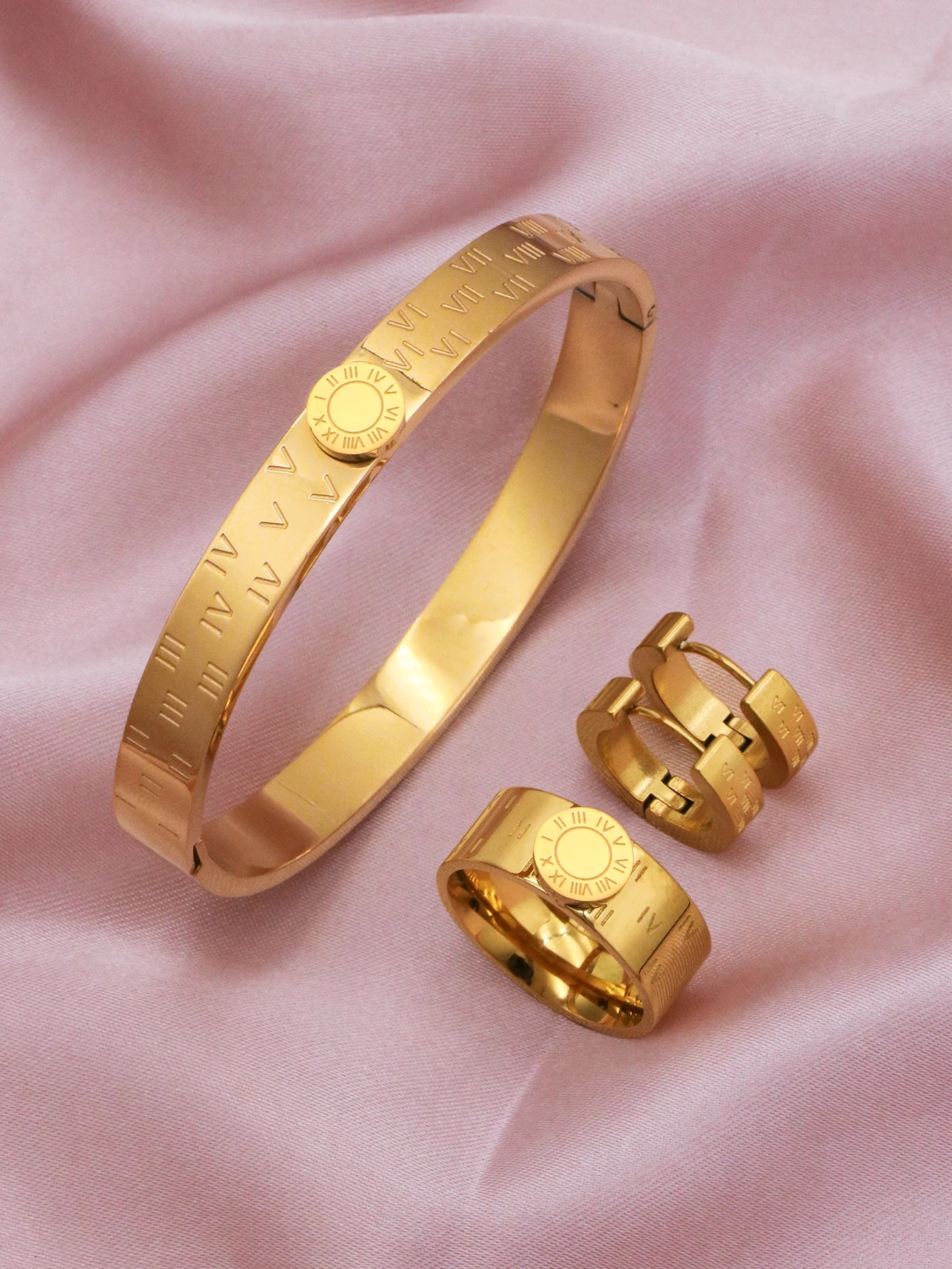 1set/4pcs New Trendy Round Roman Numerals Bracelet Stainless Steel Enamel Bangles Ring Earrings Jewelry Set Women Orange Color