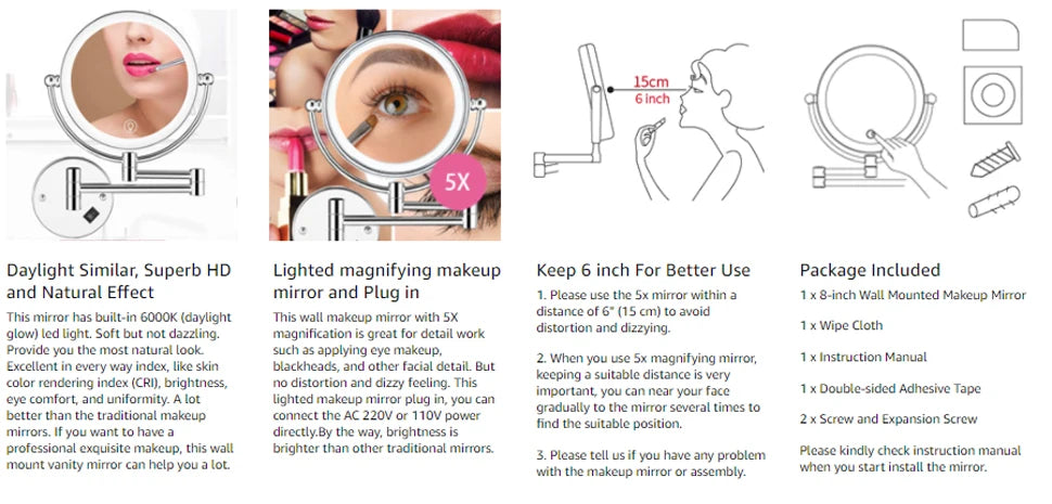 Brushed Gold LED Makeup Mirror with Brass Folding Bathroom Mirrors of 8 Inch 3X 5X Maynifying Makeup Mirror Dual Face LED Mirror