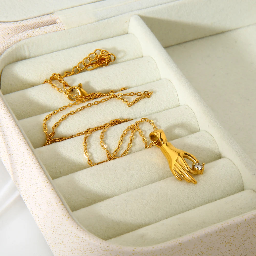 Dancy Fairy Stainless Steel Shiny Stone Abstract Palm Pendant Necklace for Women 18K Gold Color Hand Pick Star Charm Necklace