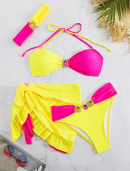 2026 Sexy Pink Paisley Bikini Set – Beaded Halter Top with Metal Pendant Perfect for Beach Wear Pool Parties Summer Getaways