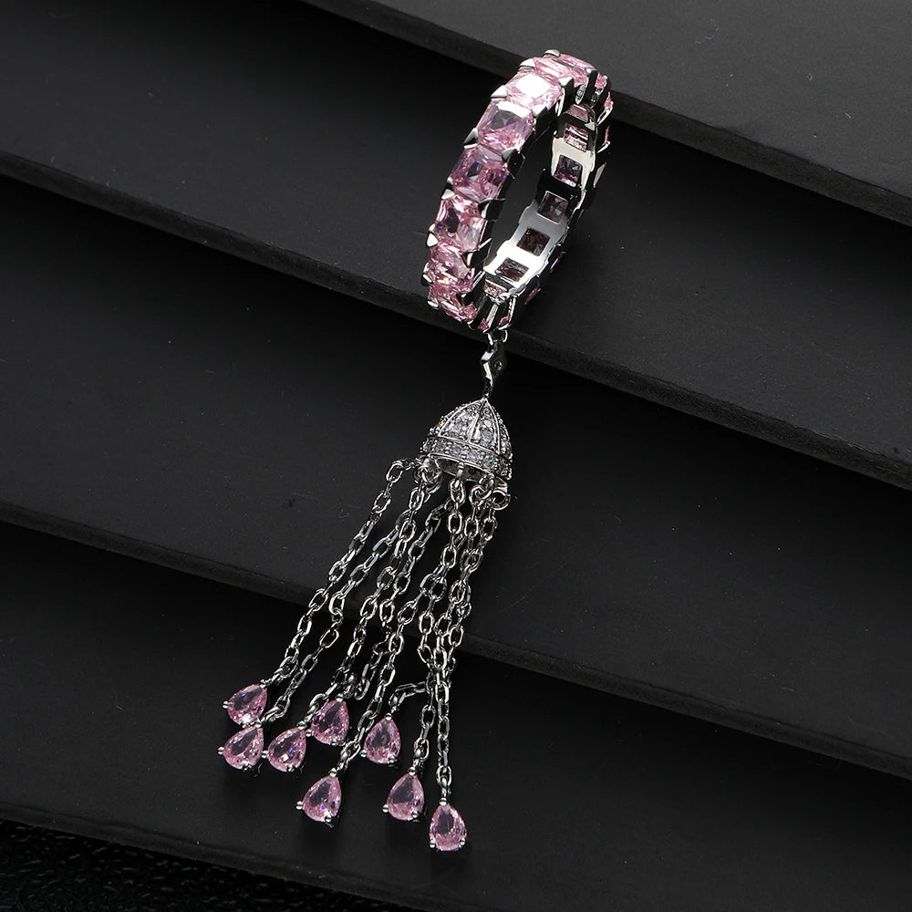 Trendy Twist Tassels Statement Rings for Women Square Cubic Zircon Finger Rings Beads Charm Ring Bohemian Beach Jewelry R182