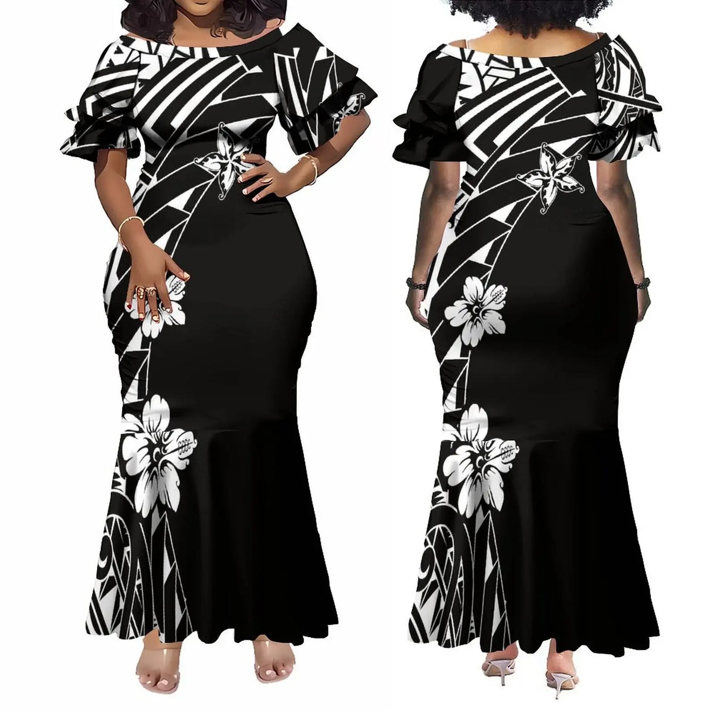 Custom Polynesian Tribal Couple Set Samoan Women'S Temperament Slim Dress Women'S Mermaid Maxi Skirt Men'S Shirt
