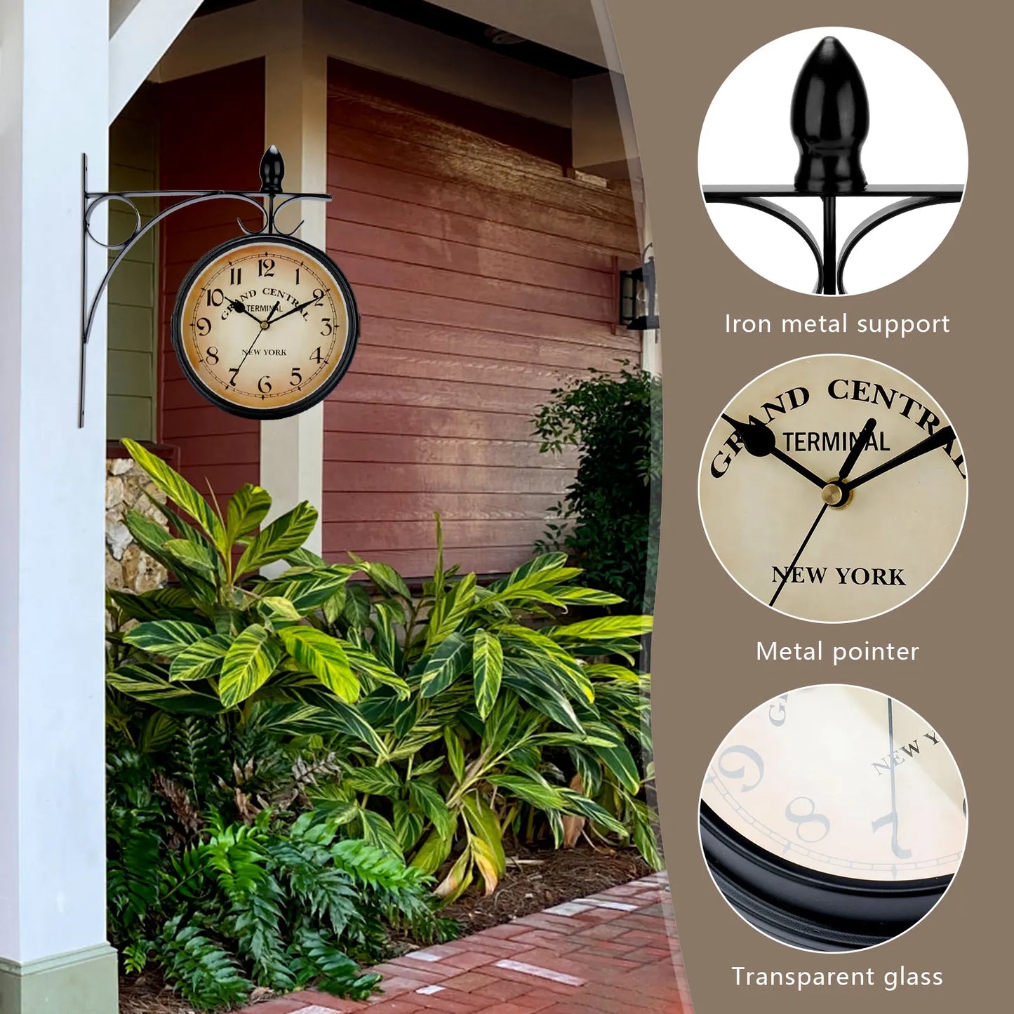 Double Sided Train Station Waterproof Wall Clock For Garden Retro Wrought Iron Metal Wall Clock Silent Indoor Outdoor Decoration