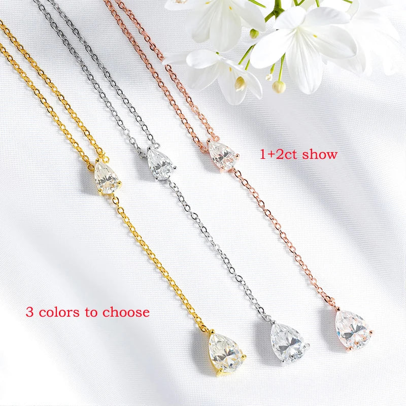 Smyoue 18k Plated Pear Cut All Moissanite Necklace Pendant 2 Gems Luxury Water Drop Jewelry Women Girls Real 925 Sterling Silver