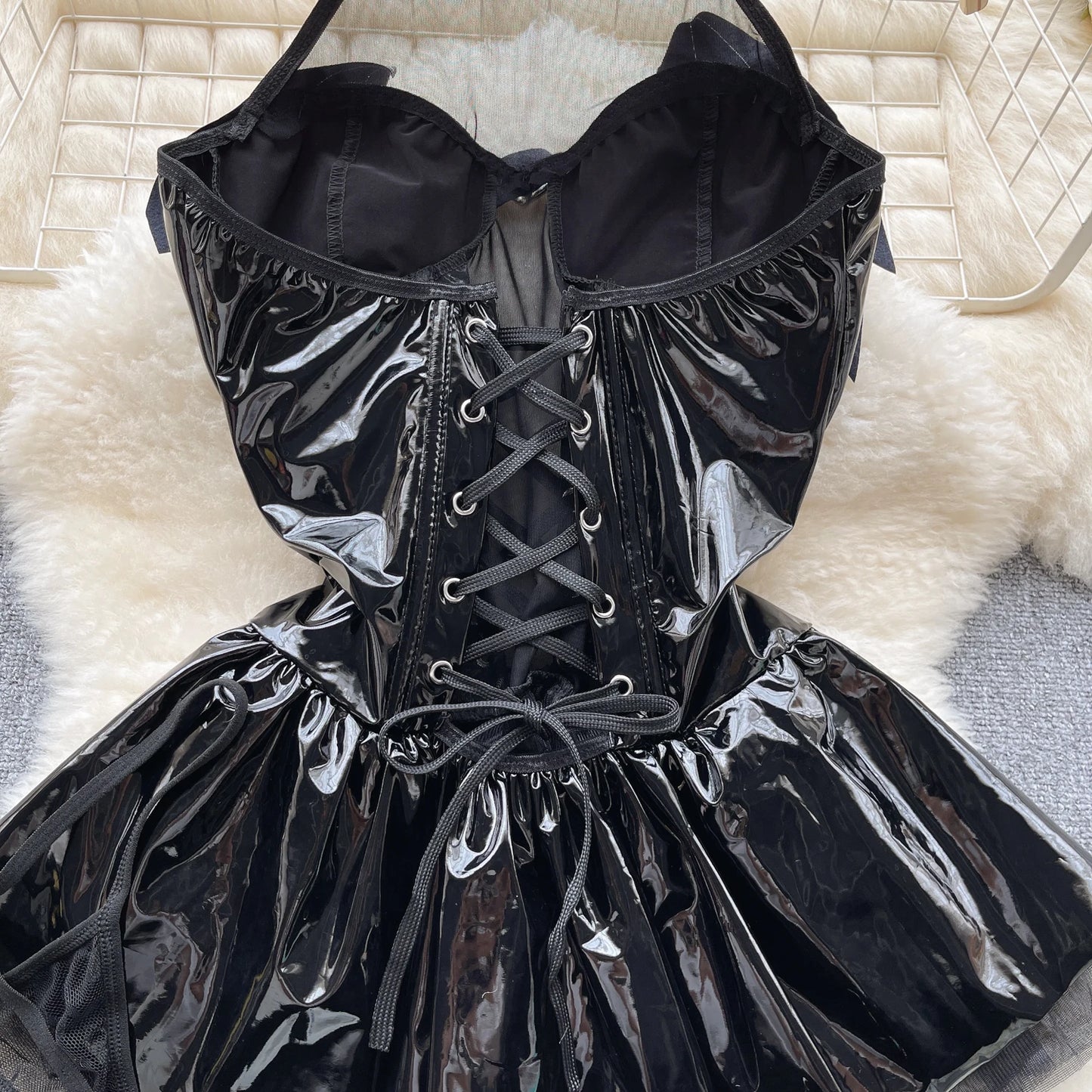 SINGREINY Women Pu Leather Sensual Dress Halter Lace Up A Line Sexy Nightdress+Thongs Sheer Backless Mini Porn Nightwear