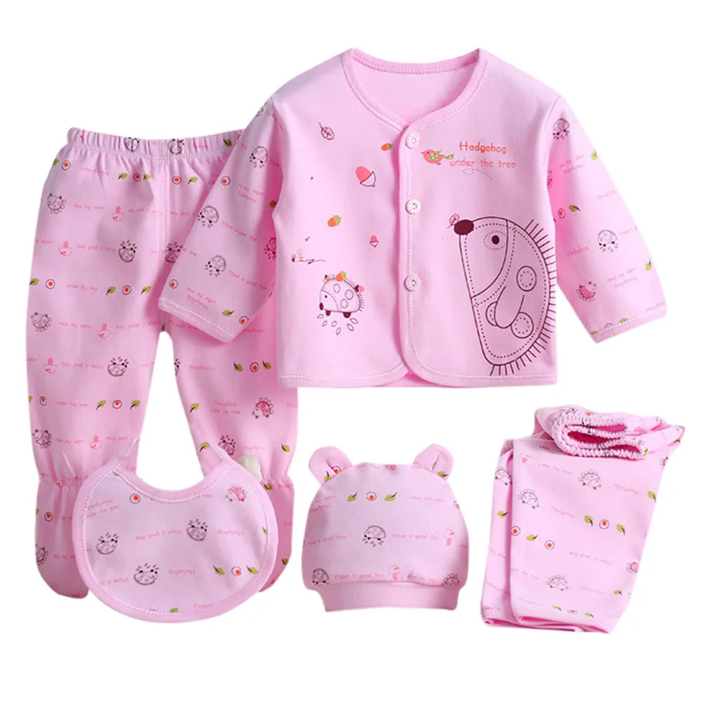5PCS Newborn Baby Boy Girl Cartoon Long Sleeve Tops+Hat+Pants +Bib Outfit Set